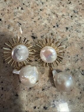 Gold Sunburst Drop Earrings with White Baroque Pearls